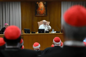 Pope Leo XIV addresses the College of Cardinals at the Vatican on May 10, 2025. The newly elected pontiff outlined his vision for his papacy in his first official meeting.