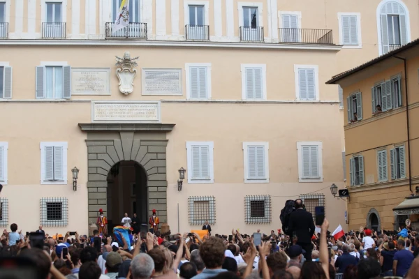 The sun burst through raindrops right as Pope Leo XIV appeared in front of the apostolic palace of Castel Gandolfo to give the Angelus address on July 13, 2025. Credit: Hannah Brockhaus/CNA
