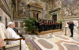 Pope Leo XIV listens to the choir during an audience with participants of an event organized by the Domenico Bartolucci Foundation on June 18, 2025. Credit: Vatican Media