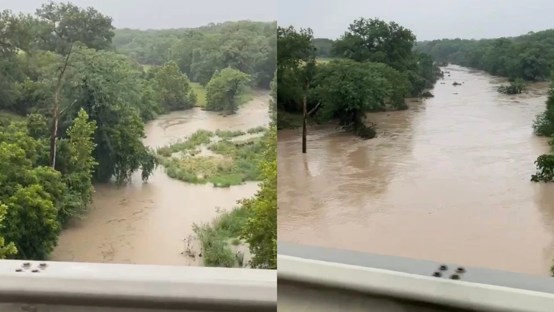 The Guadalupe River, already spilling over its banks on July 4, 2025, (left), rose to a record breaking 47.4 feet on July 5 (right).?w=200&h=150