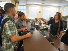 Kim Davis (at right) is pictured here in 2015, when she served as clerk of the courts in Rowan County, Kentucky. Citing a sincere religious objection, Davis refused to issue marriage licenses to same-sex couples in defiance of a U.S. Supreme Court ruling.