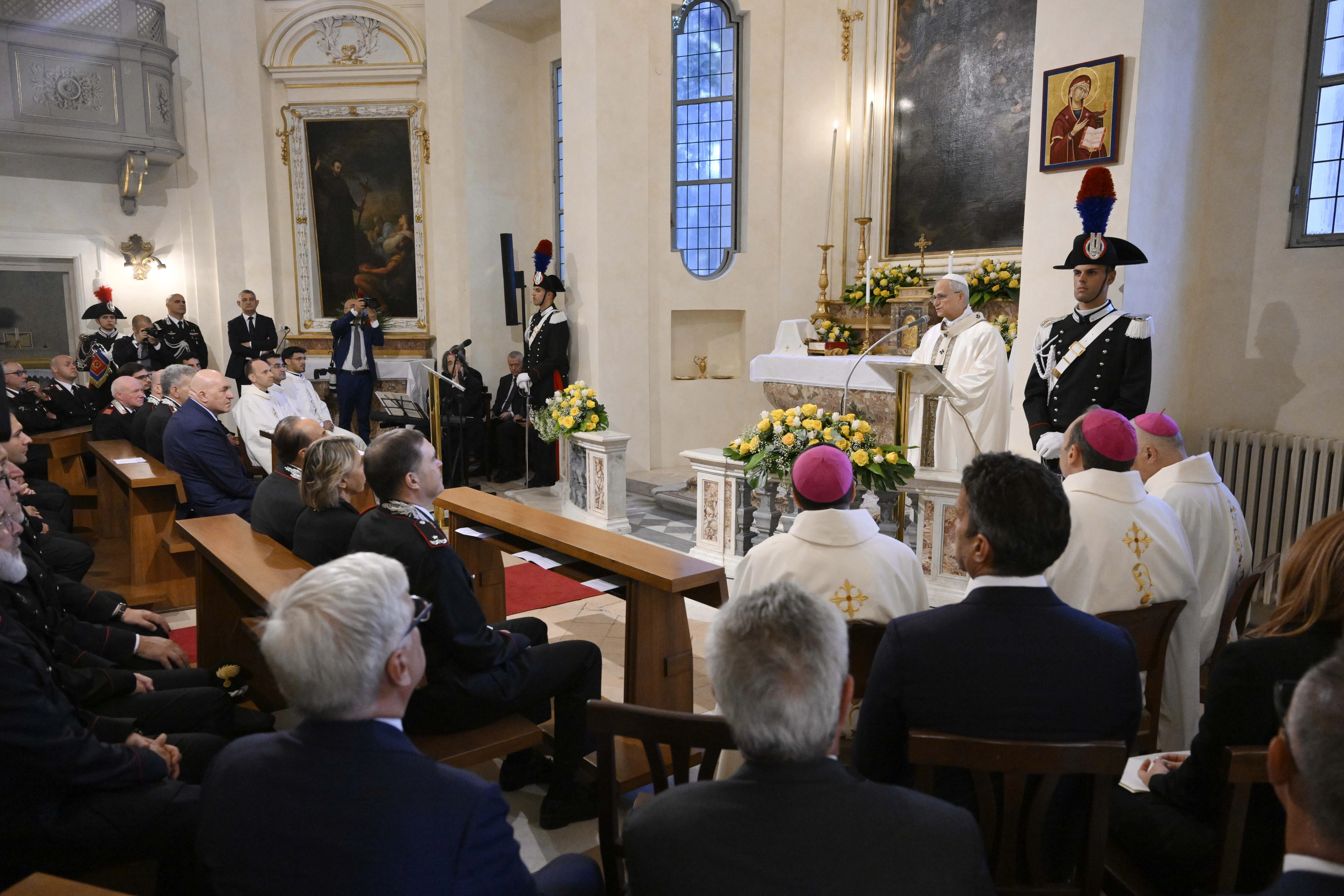 Pope Leo XIV celebrates Mass in the chapel at the Carabinieri station in Castel Gandolfo on July 15, 2025.?w=200&h=150