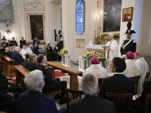 Pope Leo XIV celebrates Mass in the chapel at the Carabinieri station in Castel Gandolfo on July 15, 2025.