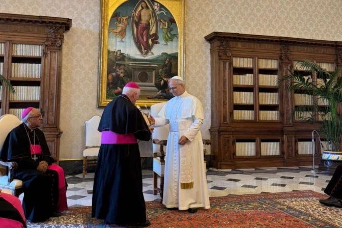 A delegation of Peruvian bishops greets Pope Leo XIV, inviting him to visit Peru, during an audience on June 30, 2025, at the Vatican.?w=200&h=150