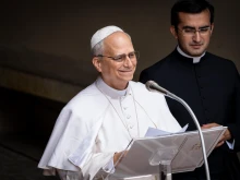 Pope Leo XIV addresses the crowd at the Angelus on July 13, 2025, at the papal estate of Castel Gandolfo.