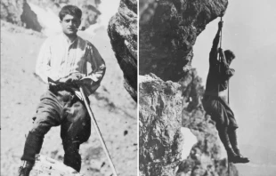 Photos of Pier Giorgio Frassati climbing in the Alps. The right photo shows him rappelling Rocca Sella on March 30, 1925. Credit: Associazione Pier Giorgio Frassati Torino