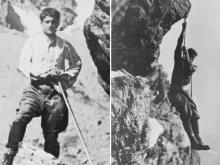 Photos of Pier Giorgio Frassati climbing in the Alps. The right photo shows him rappelling Rocca Sella on March 30, 1925.