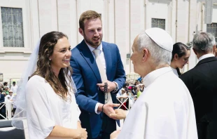 Newlyweds Anna and Cole Stevens meet Pope Leo XIV at the general audience in Rome on Wednesday, June 11, 2025. Credit: Courtesy of Anna and Cole Stevens
