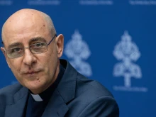 Cardinal Victor Manuel Fernández, prefect of the Dicastery for the Doctrine of the Faith, speaks during a press conference about a new Vatican document on human dignity on April 8, 2024.