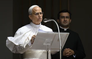 Pope Leo XIV delivers the Angelus address on July 13, 2025, from Liberty Square in Castel Gandolfo, Italy, where he is spending a two-week summer break. Credit: Vatican Media