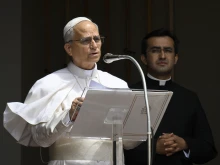 Pope Leo XIV delivers the Angelus address on July 13, 2025 from Liberty Square in Castel Gandolfo, Italy, where he is spending a two-week summer break.