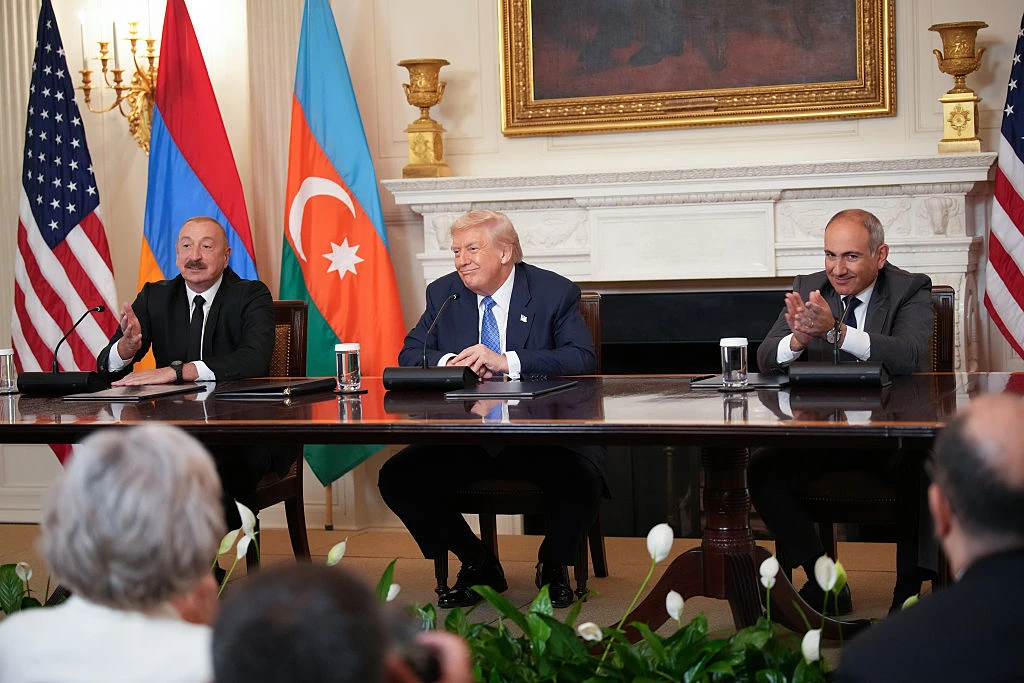 President Donald Trump answers questions during a signing ceremony with Azerbaijani President Ilham Aliyev (left) and Armenian Prime Minister Nikol Pashinyan (right) in the State Dining Room of the White House on Aug. 8, 2025, in Washington, D.C. The agreement signed during the ceremony is intended to bring an end to the conflict between Armenia and Azerbaijani that has lasted for decades.?w=200&h=150
