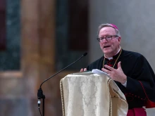 Bishop Robert Barron delivers the keynote address at the Jubilee of Youth’s National U.S. Pilgrim Gathering on July 30, 2025, at the Basilica of St. Paul Outside the Walls in Rome.