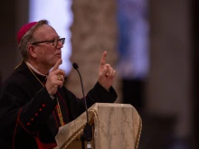 Bishop Robert Barron delivers the keynote address at the Jubilee of Youth’s National U.S. Pilgrim Gathering on July 30, 2025, at the Basilica of St. Paul Outside the Walls in Rome.