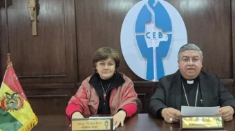 Bishop Giovanni Arana (right), secretary-general of the Bolivian Bishops’ Conference, seated beside Susana Inch, a lawyer and legal adviser to the bishops.