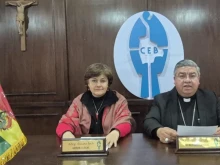 Bishop Giovanni Arana (right), secretary-general of the Bolivian Bishops’ Conference, seated beside Susana Inch, a lawyer and legal adviser to the bishops.