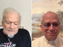 Pope Leo XIV speaks by video call with Apollo 11 astronaut Buzz Aldrin from Castel Gandolfo, Italy, on July 20, 2025.