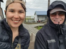 The Diocese of Fairbanks’ Ukveryaramta Tungiinun team members Danielle Beaver and Jesuit Father Gregg Wood in Chefornak.