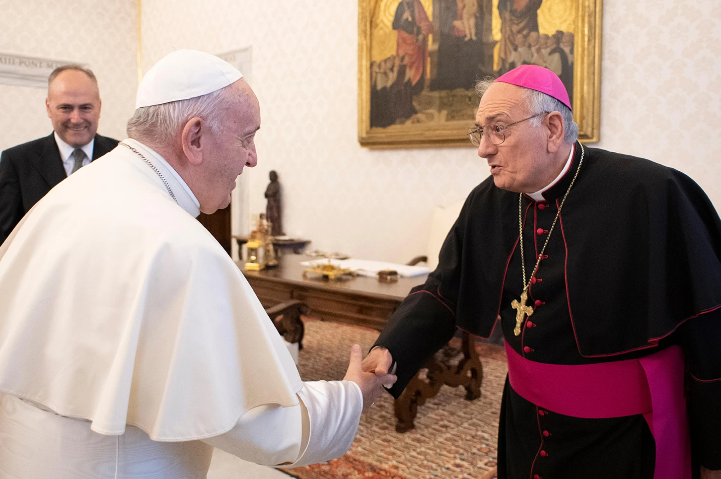 Pope Francis greets Bishop Nicholas DiMarzio of Brooklyn at the Vatican during the USCCB’s Region II ad limina visit on Nov. 15, 2019.?w=200&h=150