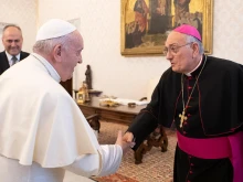 Pope Francis greets Bishop Nicholas DiMarzio of Brooklyn at the Vatican during the USCCB’s Region II ad limina visit on Nov. 15, 2019.