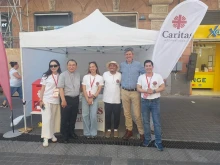 Cardinal Tarcisio Isao Kikuchi (second from left) with Caritas Internationalis Secretary General Alistair Dutton (second from right) and Caritas Youth delegates during the Jubilee of Youth in Rome on July 29, 2025.