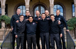 Father Jason Wallace (top center) with Archdiocese of Denver seminarians. Credit: Photo courtesy of Archdiocese of Denver and Vianney Vocations
