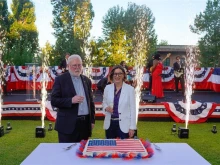 Archbishop Paul Richard Gallagher, the Vatican Secretary for Relations of States, and Laura Hochla, chargé d’affaires of the U.S. Embassy to the Holy See, addressed the crowd at Villa Richardson on June 30, 2025, in Rome, where Fourth of July was celebrated this year with a special milestone: the recent election of the first pope born and raised in the United States.