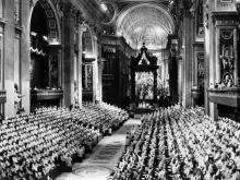 General view of the Council Fathers in St. Peter’s Basilica on Dec. 8, 1962, at the Vatican, at the end of the first session of the Second Ecumenical Council of the Vatican, or Vatican II.