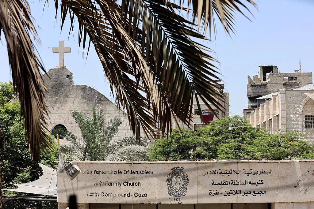 A view of the damage to Holy Family Church in Gaza City following an Israeli strike on the church in the Zeitoun neighborhood of Gaza City on July 17, 2025. The Latin Patriarchate of Jerusalem said the strike on Gaza’s only Catholic church killed two and injured several people, including the parish priest, as well as causing damage to the building.?w=200&h=150