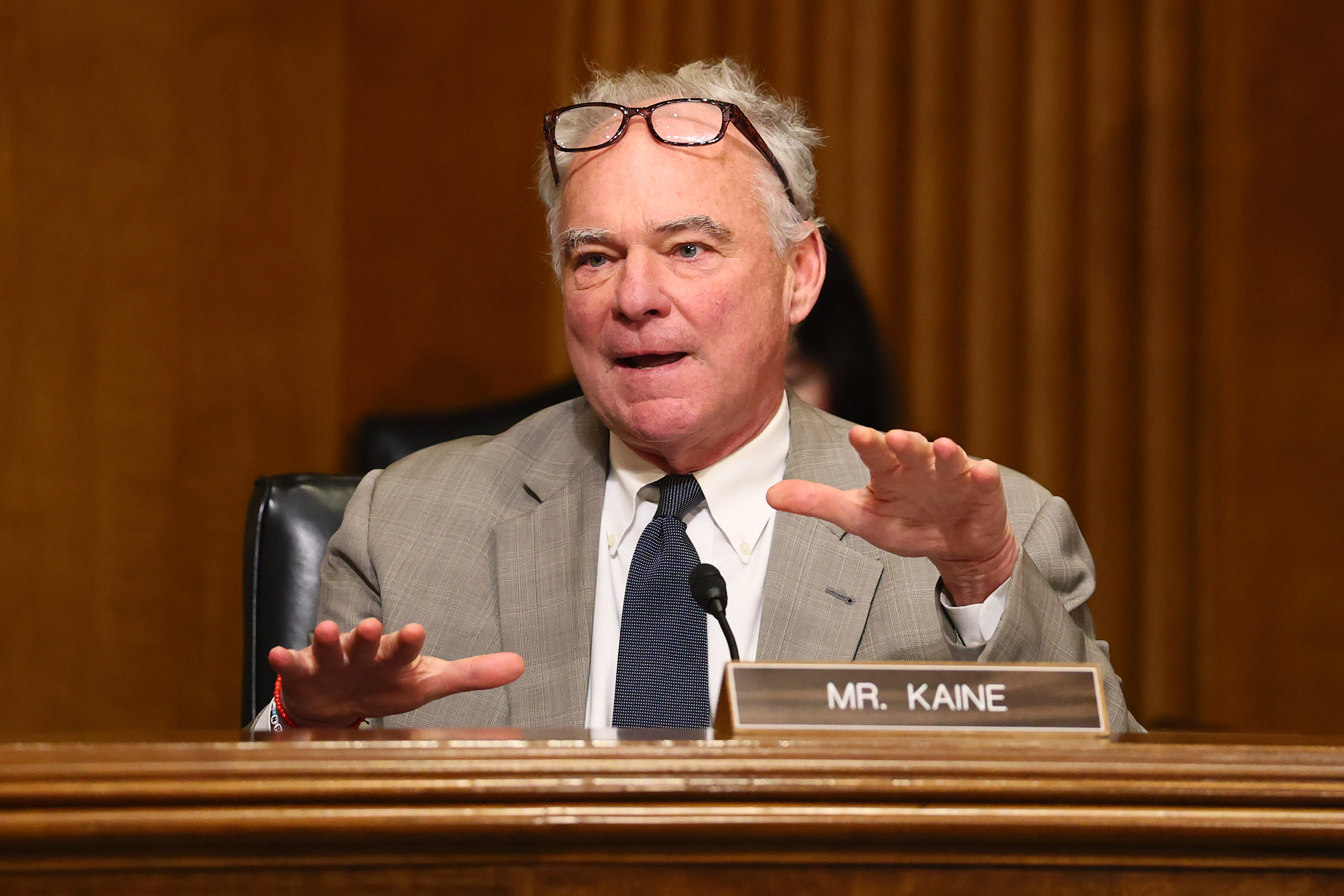 Sen. Tim Kaine, D-Virginia, speaks during a Senate Foreign Relations Committee hearing on July 15, 2025.?w=200&h=150