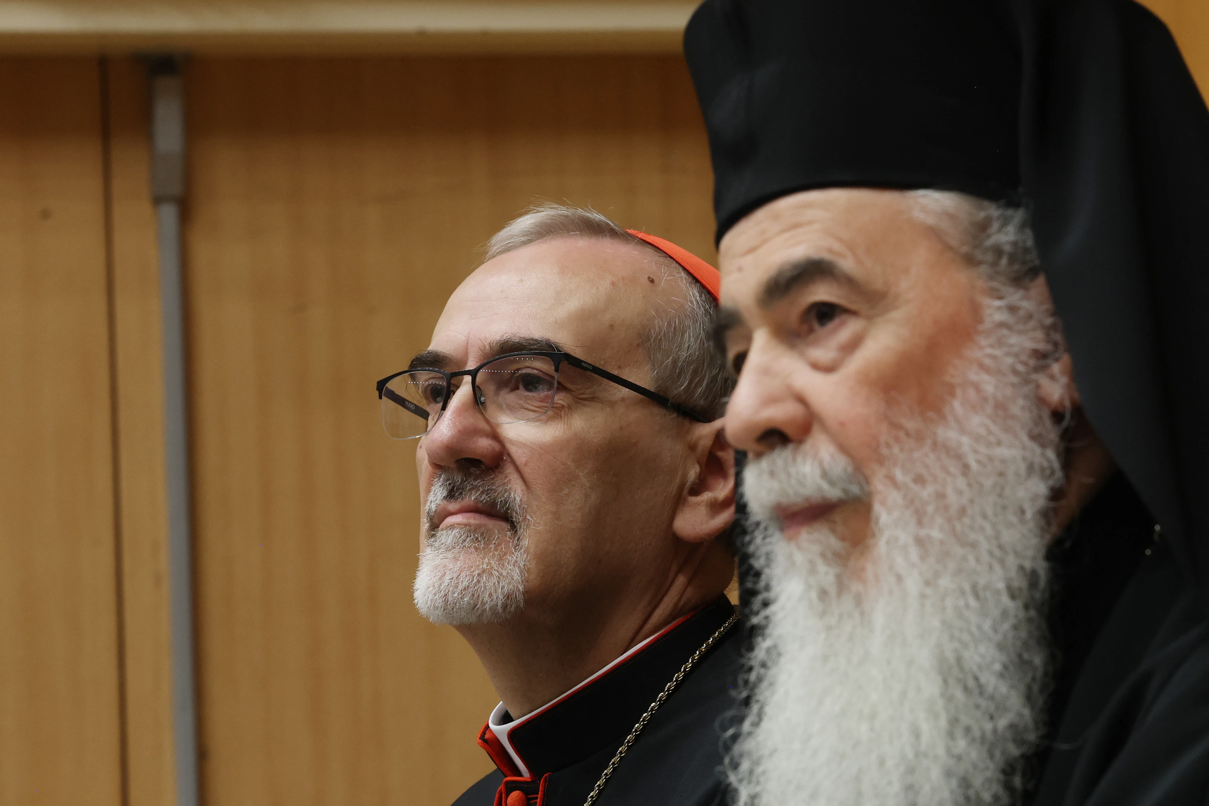 Latin Patriarch of Jerusalem Pierbattista Pizzaballa (left) and Greek Orthodox Patriarch of Jerusalem Theophilos III hold a joint press conference in Jerusalem on July 22, 2025.?w=200&h=150