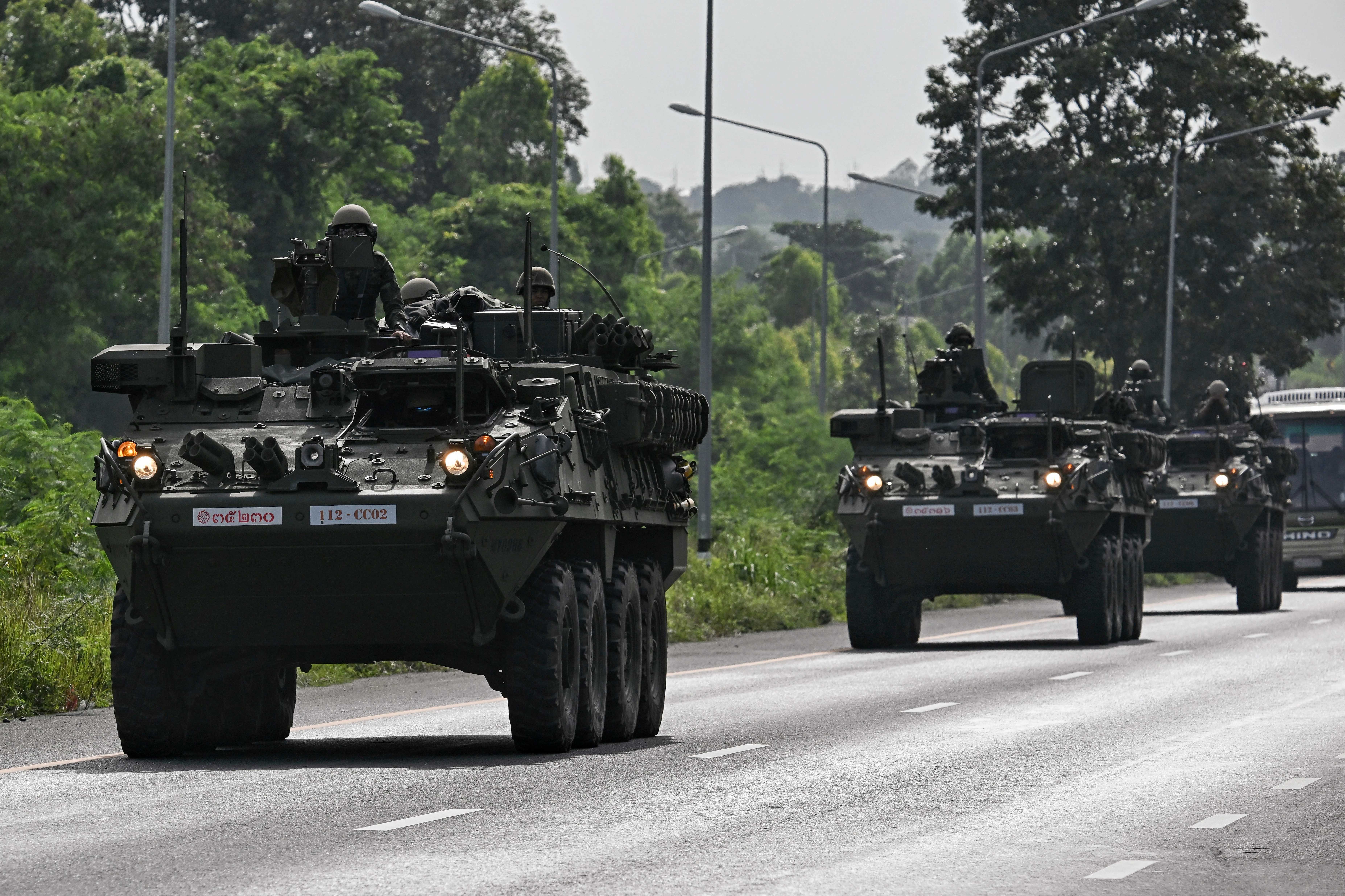 Royal Thai Army soldiers are pictured on armored vehicles on a road in Chachoengsao province on July 24, 2025.?w=200&h=150