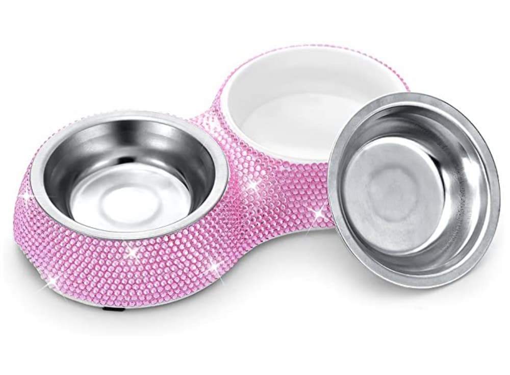 Savori Small Pink Dog Bowls Handmade Bling Rhinestones