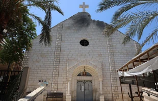 A picture shows a view of a damaged facade of the Holy Family Church on July 18, 2025, a day after it was hit in an Israeli strike in Gaza City on July 17. Credit: OMAR AL-QATTAA/AFP via Getty Images