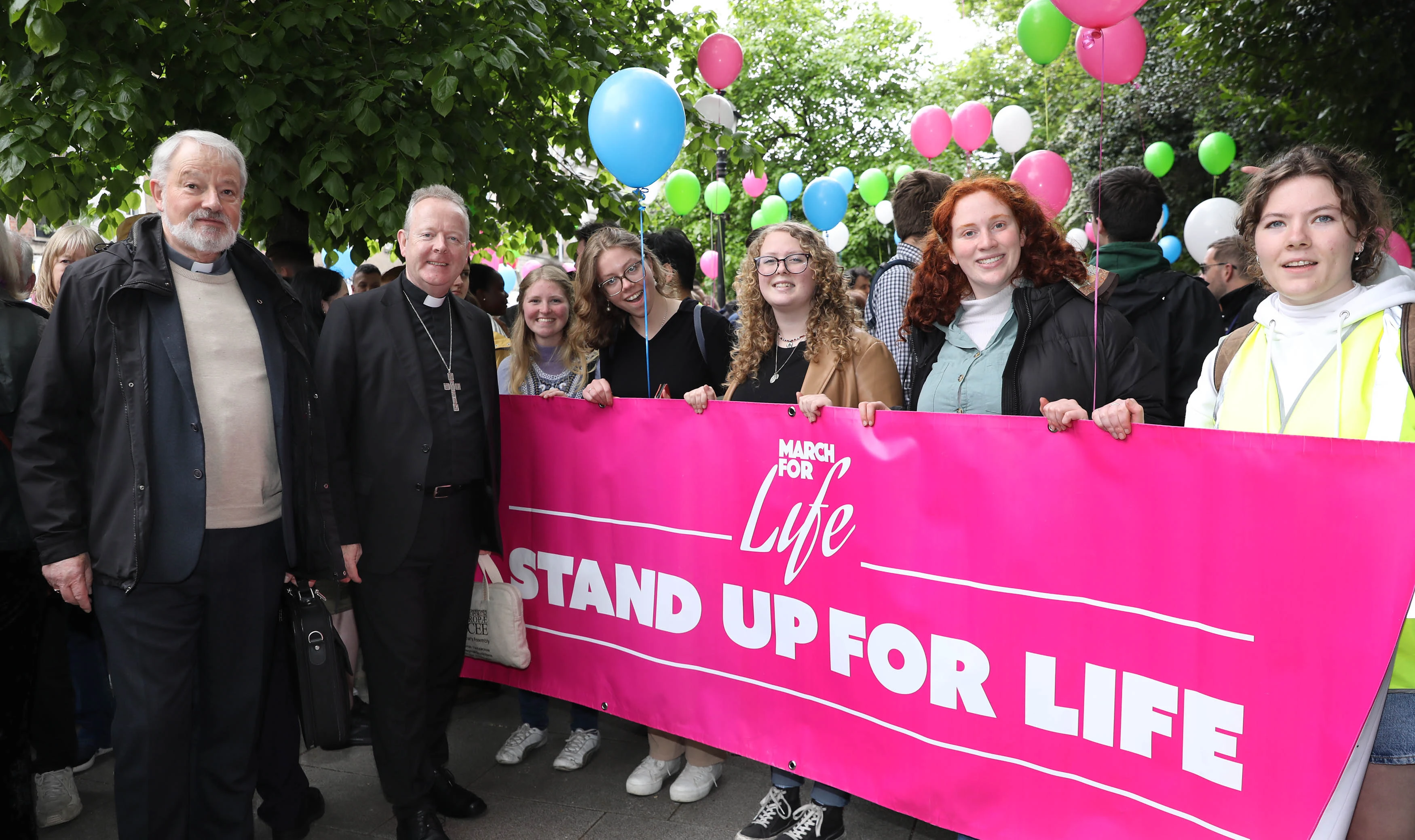 Bishop Kevin Doran of Elphin, chairman of the Irish bishops’ Council for Life (far left), and Archbishop Eamon Martin of Armagh, primate of all Ireland (second from left), stand with young pro-life activists at the 2024 Ireland March for Life in Dublin on May 6, 2024.?w=200&h=150