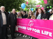 Bishop Kevin Doran of Elphin, chairman of the Irish bishops’ Council for Life (far left), and Archbishop Eamon Martin of Armagh, primate of all Ireland (second from left), stand with young pro-life activists at the 2024 Ireland March for Life in Dublin on May 6, 2024.