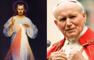 Original painting of the Divine Mercy by Eugeniusz Kazimirowski in 1934; Pope John Paul II in 1996. Credit: Wikimedia Commons 4.0; Vatican Media