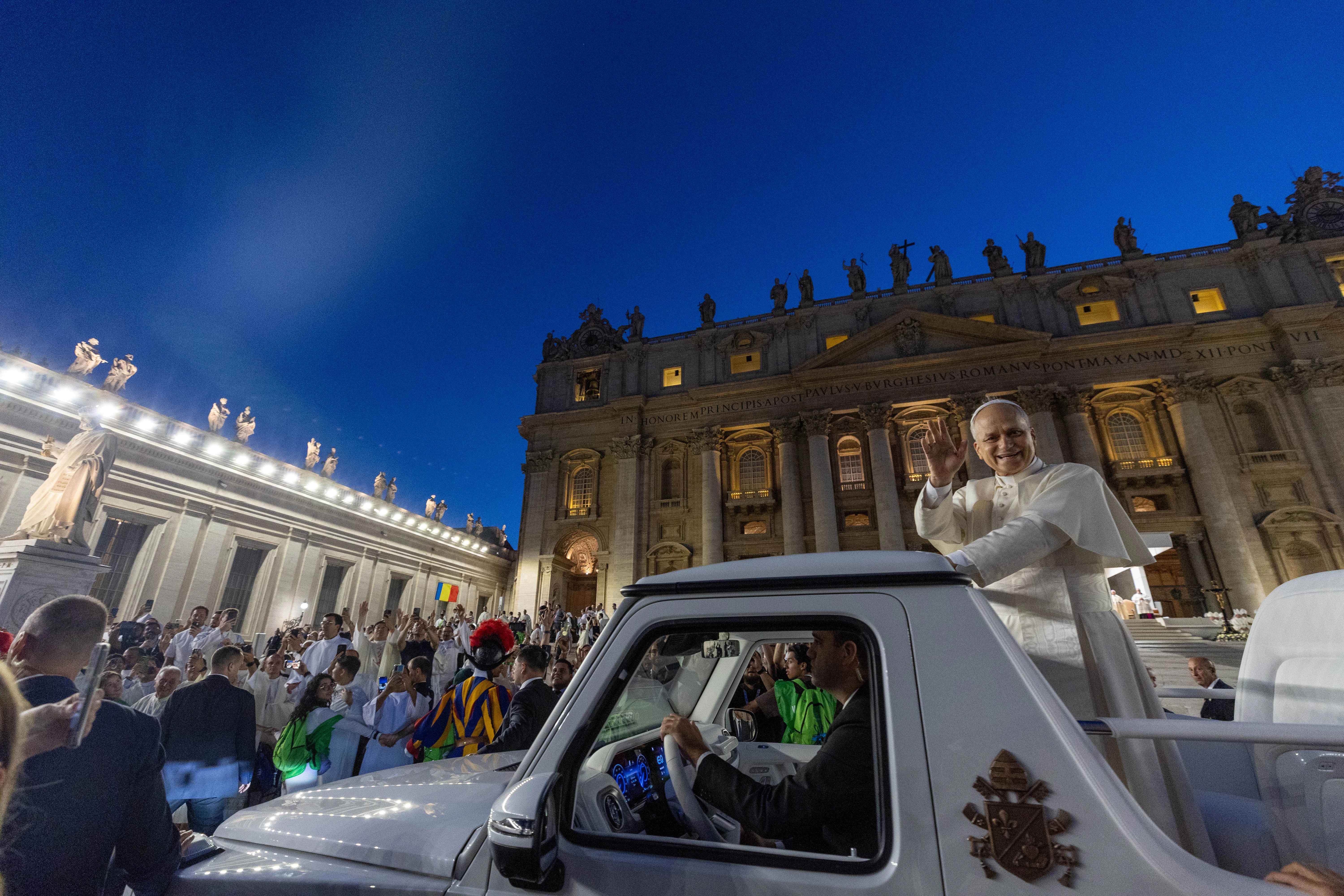Pope Leo XIV waves from the popemobile during a surprise ride around St. Peter’s Square at the Vatican following the Jubilee of Youth welcome Mass on July 29, 2025.?w=200&h=150