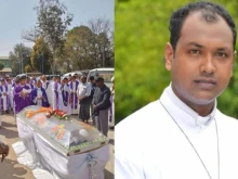 The funeral of Father Donald Martin Ye Naing Win (left), who was martyred in Myanmar on Feb. 14, 2025.