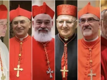 From left to right: Cardinal Louis Sako (Iraq), Cardinal Mario Zenari (Syria), Cardinal Dominique Mathieu (Iran), 
Cardinal Louis Sako (Iraq), Cardinal Pierbattista Pizzaballa (Jerusalem), and Cardinal Cristóbal López Romero (Morocco).
