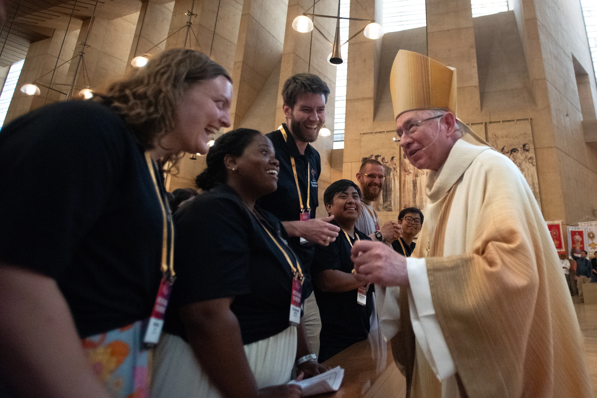 Archbishop José Gómez of Los Angeles greets perpetual pilgrims of the National Eucharistic Pilgrimage at the Cathedral of Our Lady of the Angeles in Los Angeles, California, on June 22, 2025.?w=200&h=150