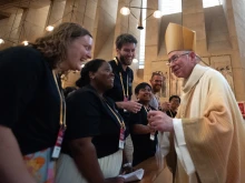Archbishop José Gómez of Los Angeles greets perpetual pilgrims of the National Eucharistic Pilgrimage at the Cathedral of Our Lady of the Angeles in Los Angeles, California, on June 22, 2025.