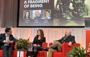 Left to right: Paolo Carozza, a law professor at the University of Notre Dame; Christine Rosen, senior fellow at the American Enterprise Institute, and Carter Snead, a Notre Dame law professor and bioethicist, discuss “the corporeal dimension of human identity in an age of virtual reality” at the New York Encounter in New York City on Feb. 15, 2025. Credit: Zelda Caldwell/CNA