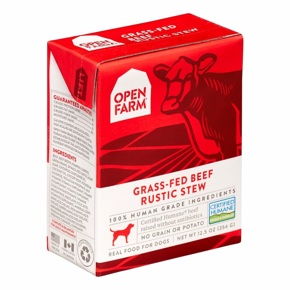 Box of open farm wet dog food beef stew