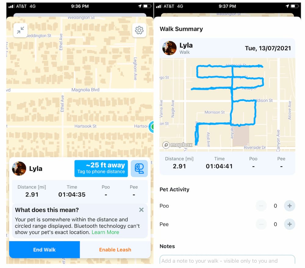 Overview of Pawscout in action, screenshots to see smart pet tag working and showing route for dog walk