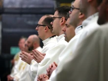 Priests participate in Holy Thursday Mass in Wrocław Cathedral in Wrocław, Poland, on March 28, 2024.