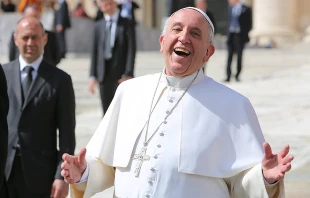 Pope Francis laughs outside of St. Peter’s Basilica during the general audience on April 1, 2015. Credit: Bohumil Petrik/CNA
