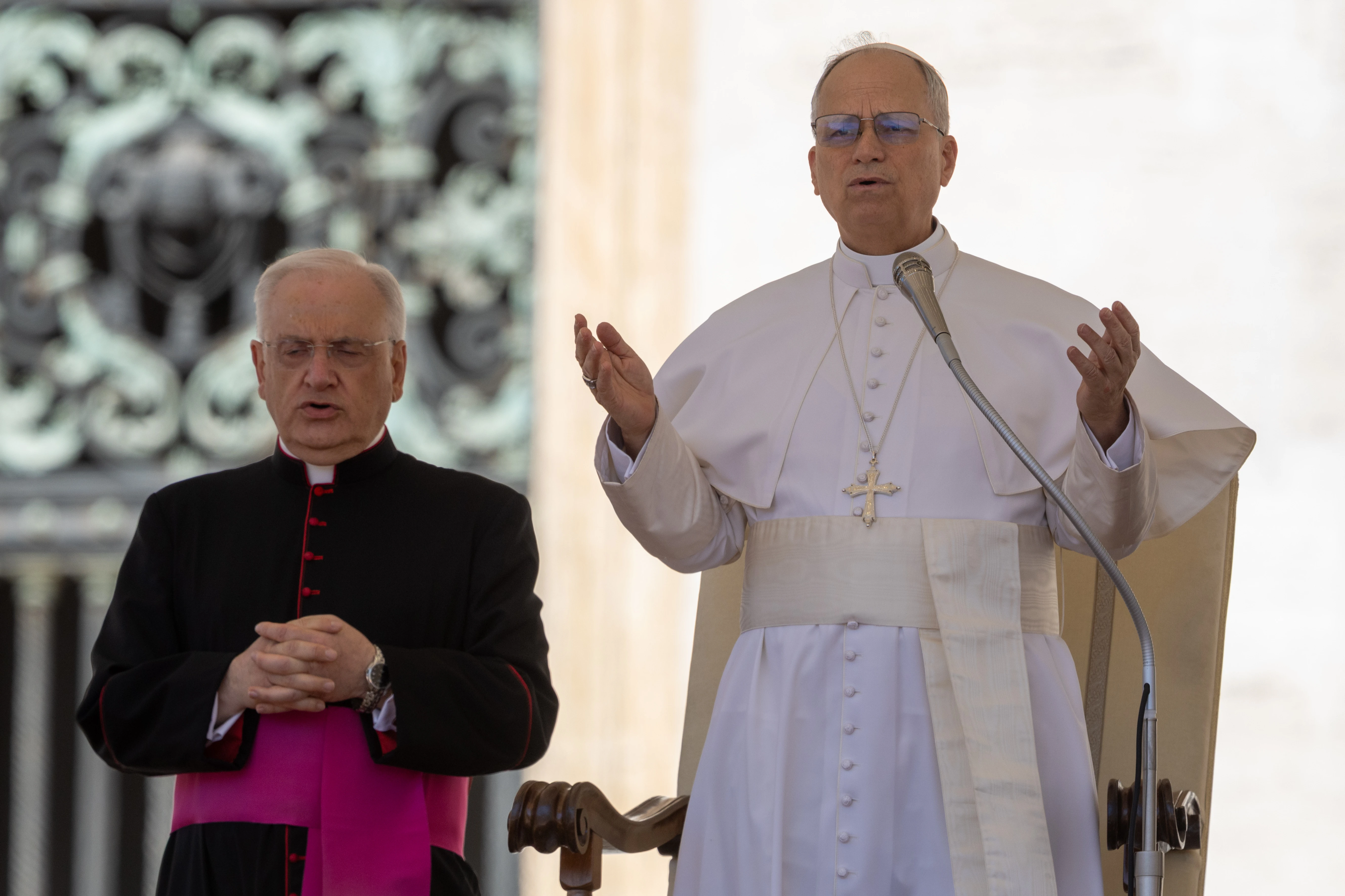 Pope Leo XIV prays with pilgrims gathered in St. Peter’s Square at the Vatican for his general audience on Wednesday, May 28, 2025.?w=200&h=150