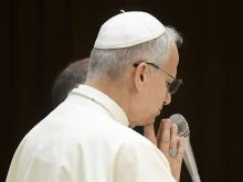 Pope Leo XIV prays during his Wednesday general audience on Aug. 13, 2025, in the Paul VI Audience Hall at the Vatican.