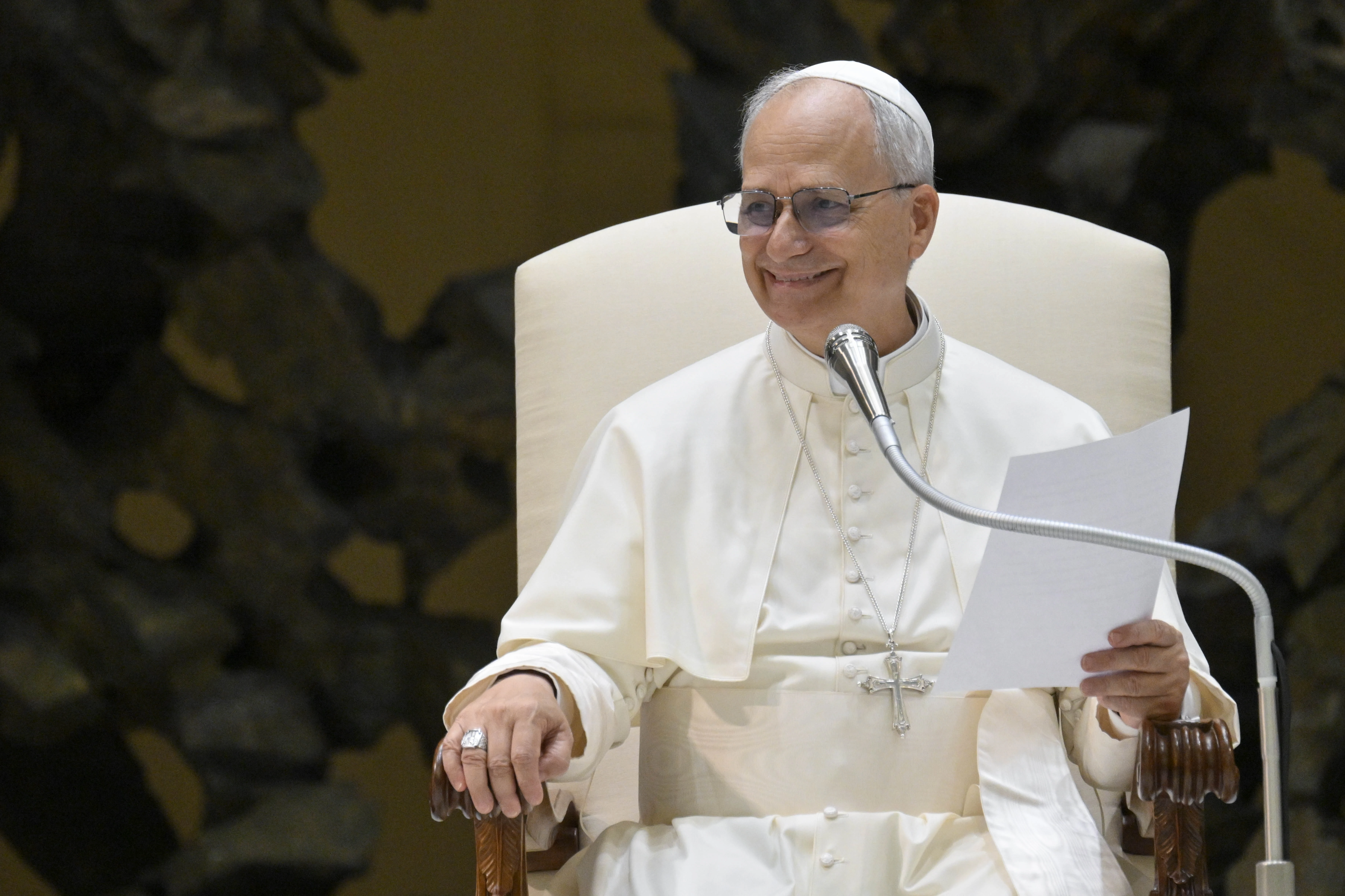 Pope Leo XIV smiles during his Wednesday general audience on Aug. 13, 2025, in the Paul VI Audience Hall at the Vatican.?w=200&h=150